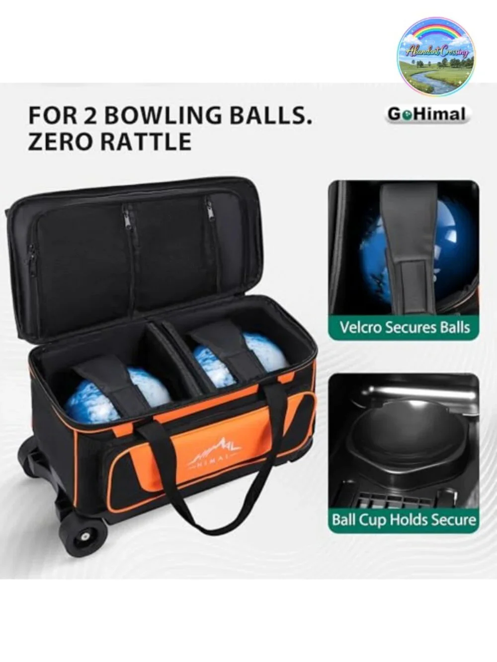 GoHimal 2-Ball Wheeled Bowling Bag with Retractable Handle, Large Shoe Storage,